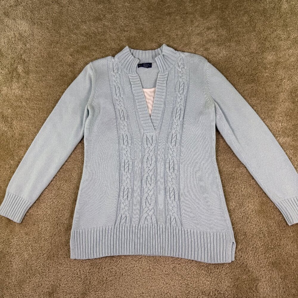 Karen Scott Cable Knit Sweater Blue Size Small 100% Cotton Layered Winter F231